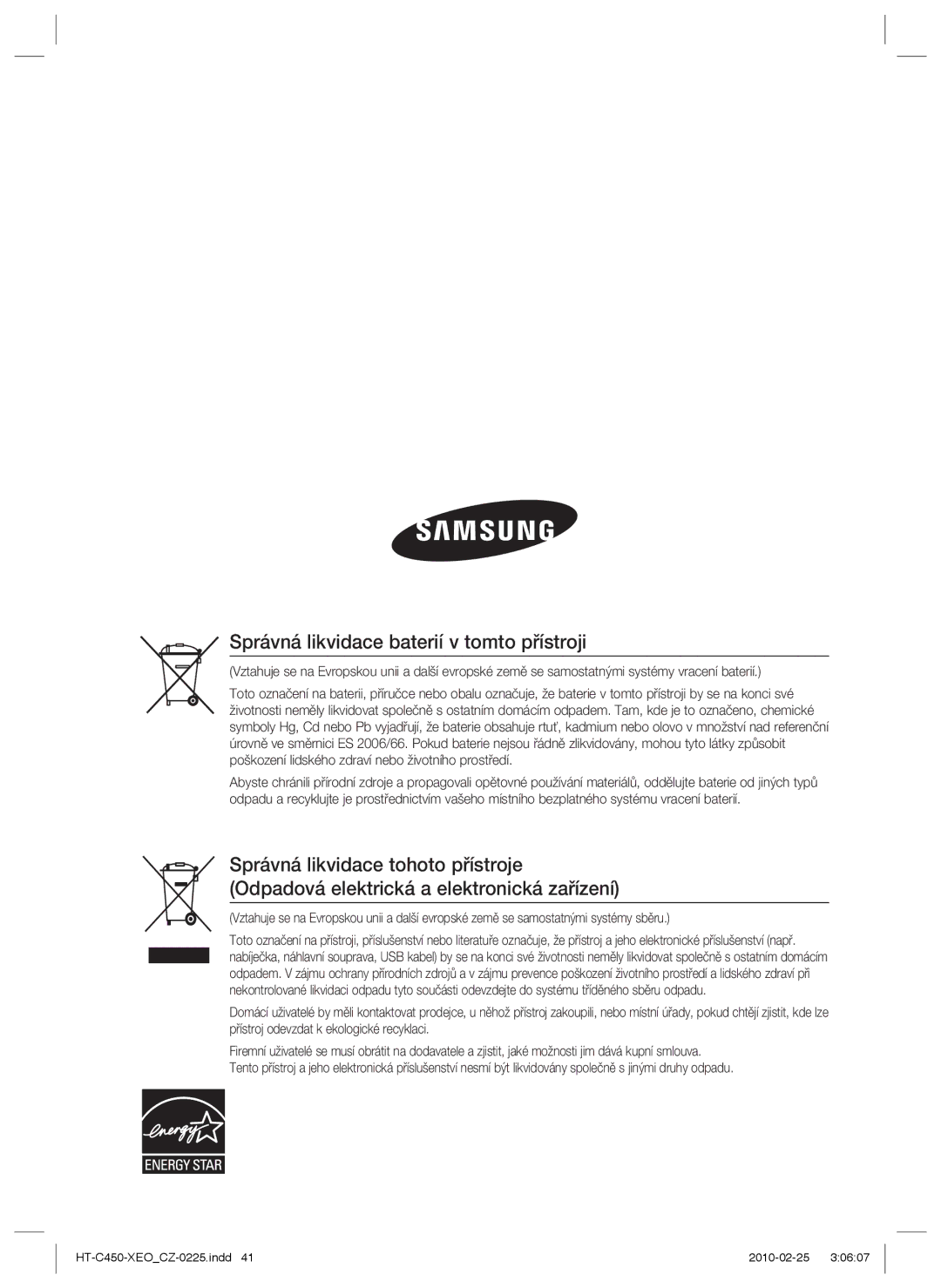 Samsung HT-C450/EDC, HT-C453/XEF, HT-C450/XEF, HT-C453/EDC, HT-C450N/EDC manual Správná likvidace baterií v tomto přístroji 