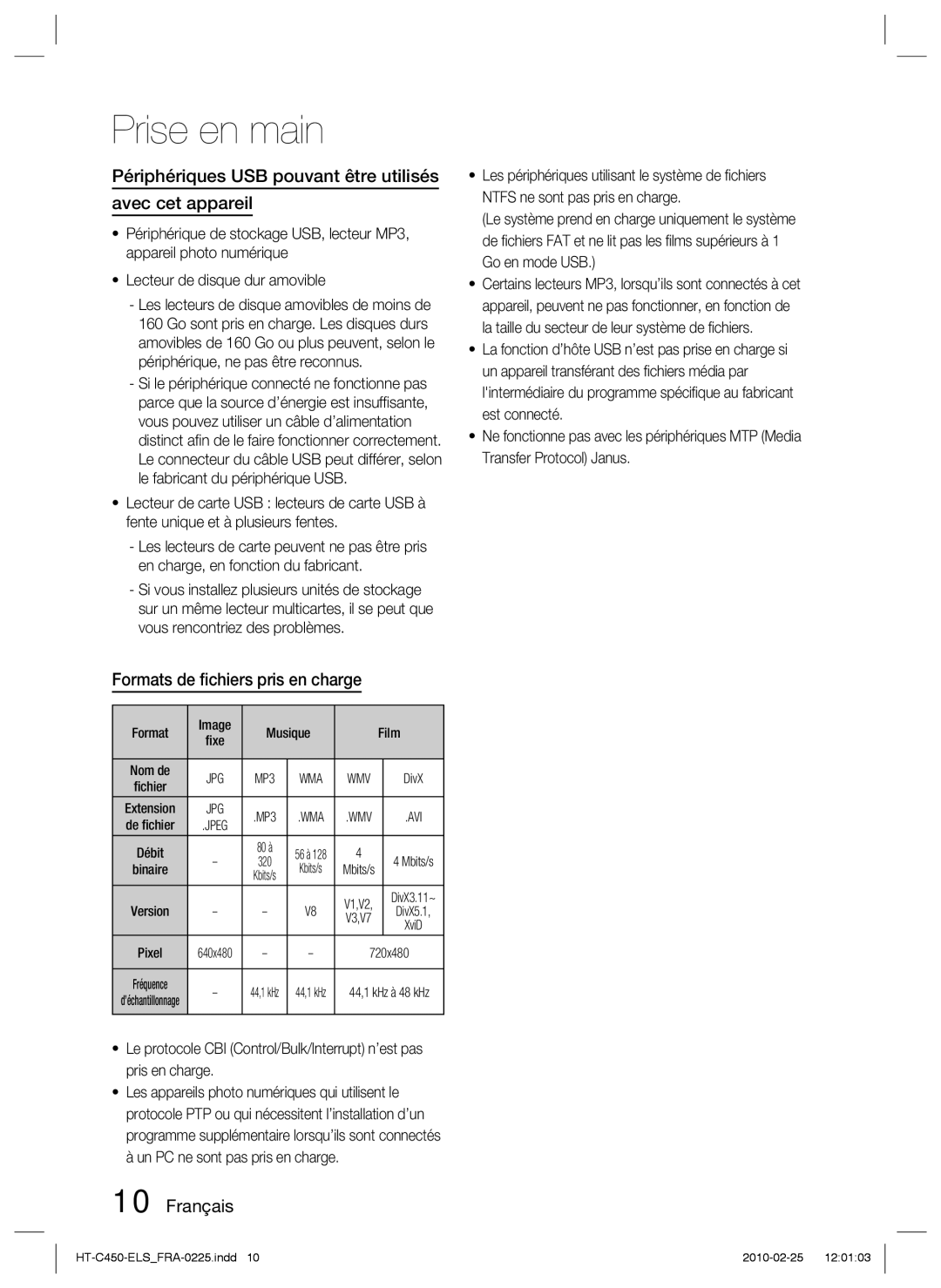 Samsung HT-C450/EDC manual Périphériques USB pouvant être utilisés Avec cet appareil, Formats de ﬁchiers pris en charge 