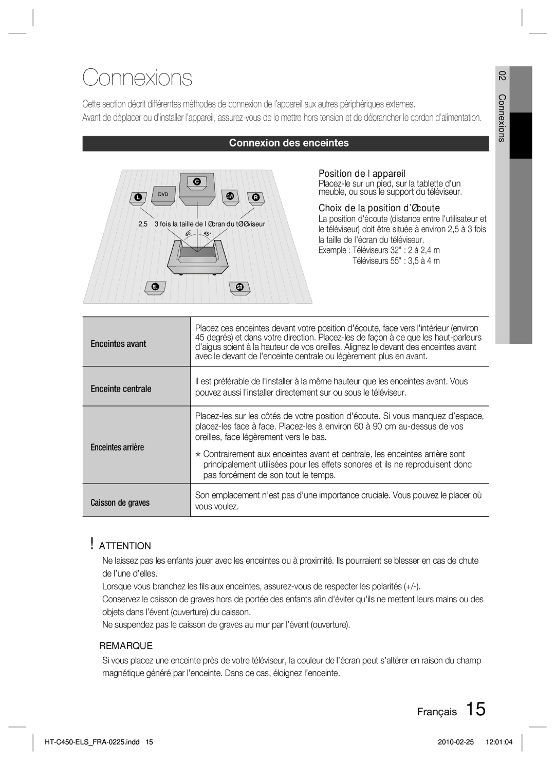 Samsung HT-C453/XEF, HT-C450/EDC, HT-C450/XEF manual Connexions, Connexion des enceintes 