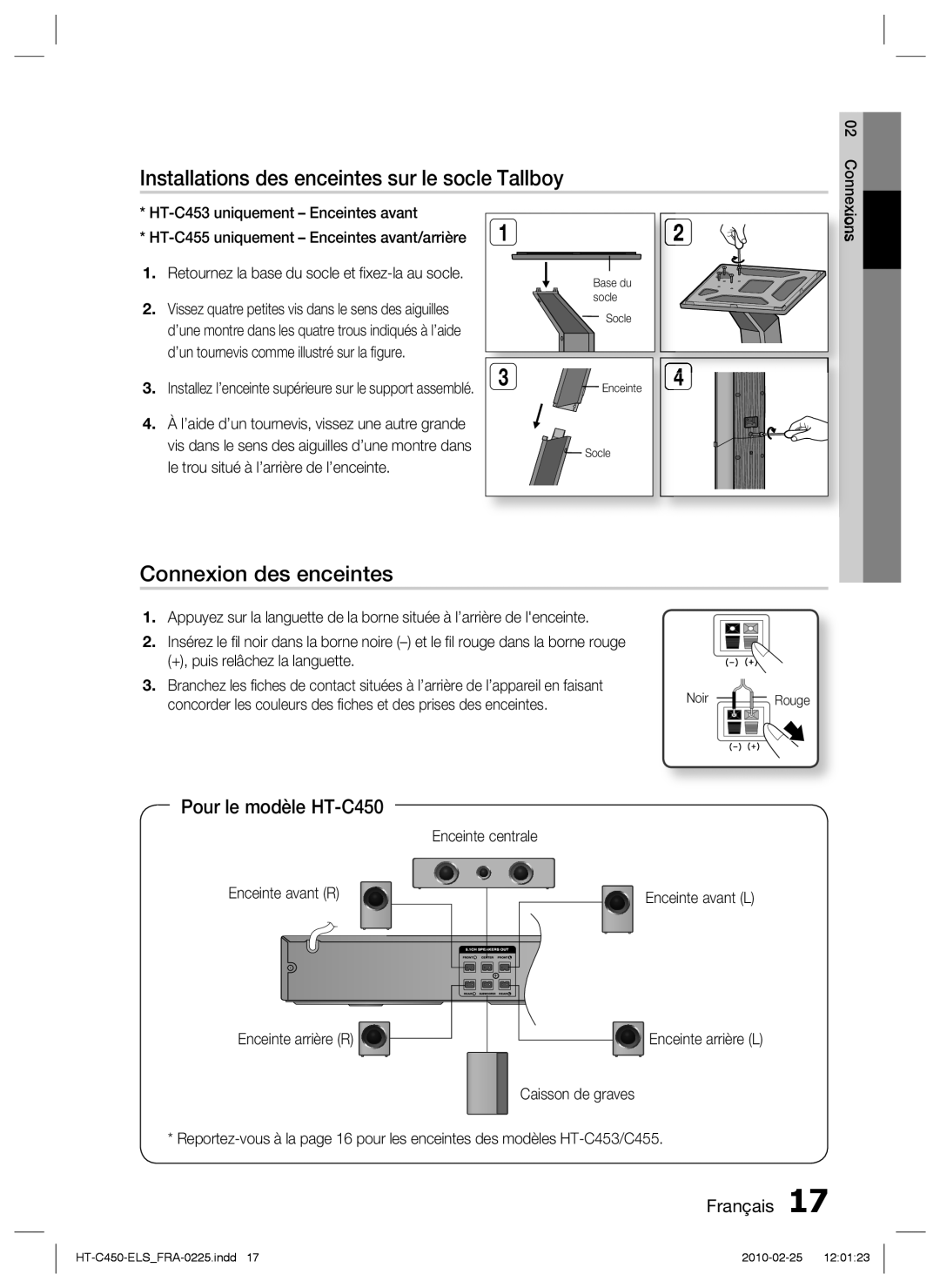 Samsung HT-C450/XEF Installations des enceintes sur le socle Tallboy, Connexion des enceintes, Pour le modèle HT-C450 