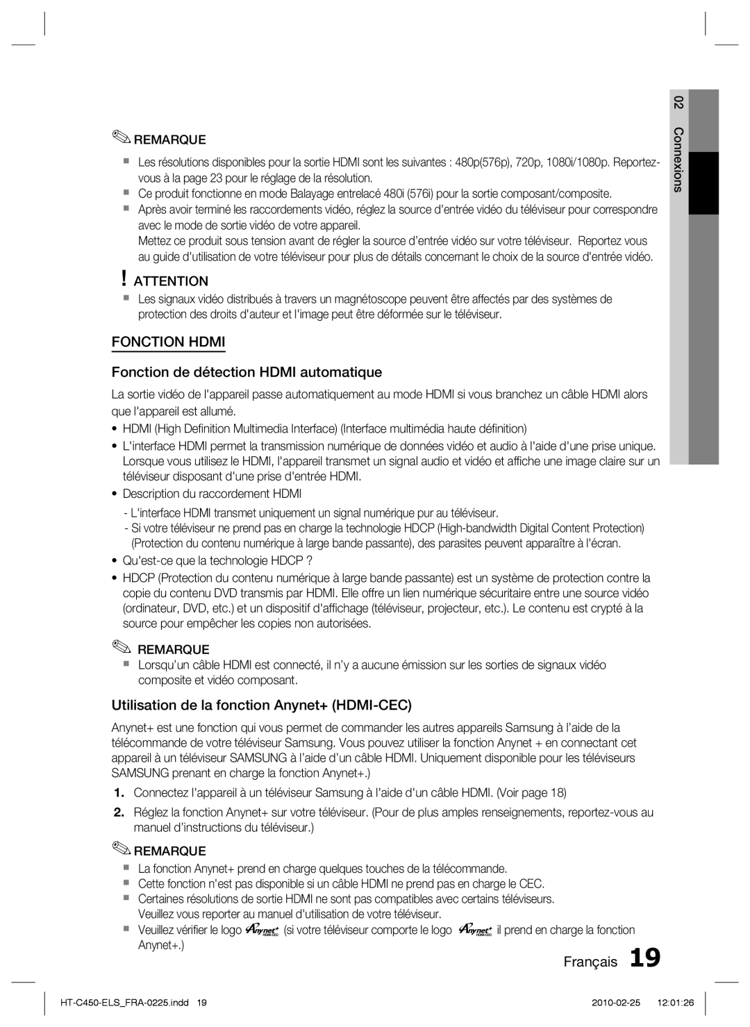 Samsung HT-C450/EDC, HT-C453/XEF manual Fonction de détection Hdmi automatique, Utilisation de la fonction Anynet+ HDMI-CEC 