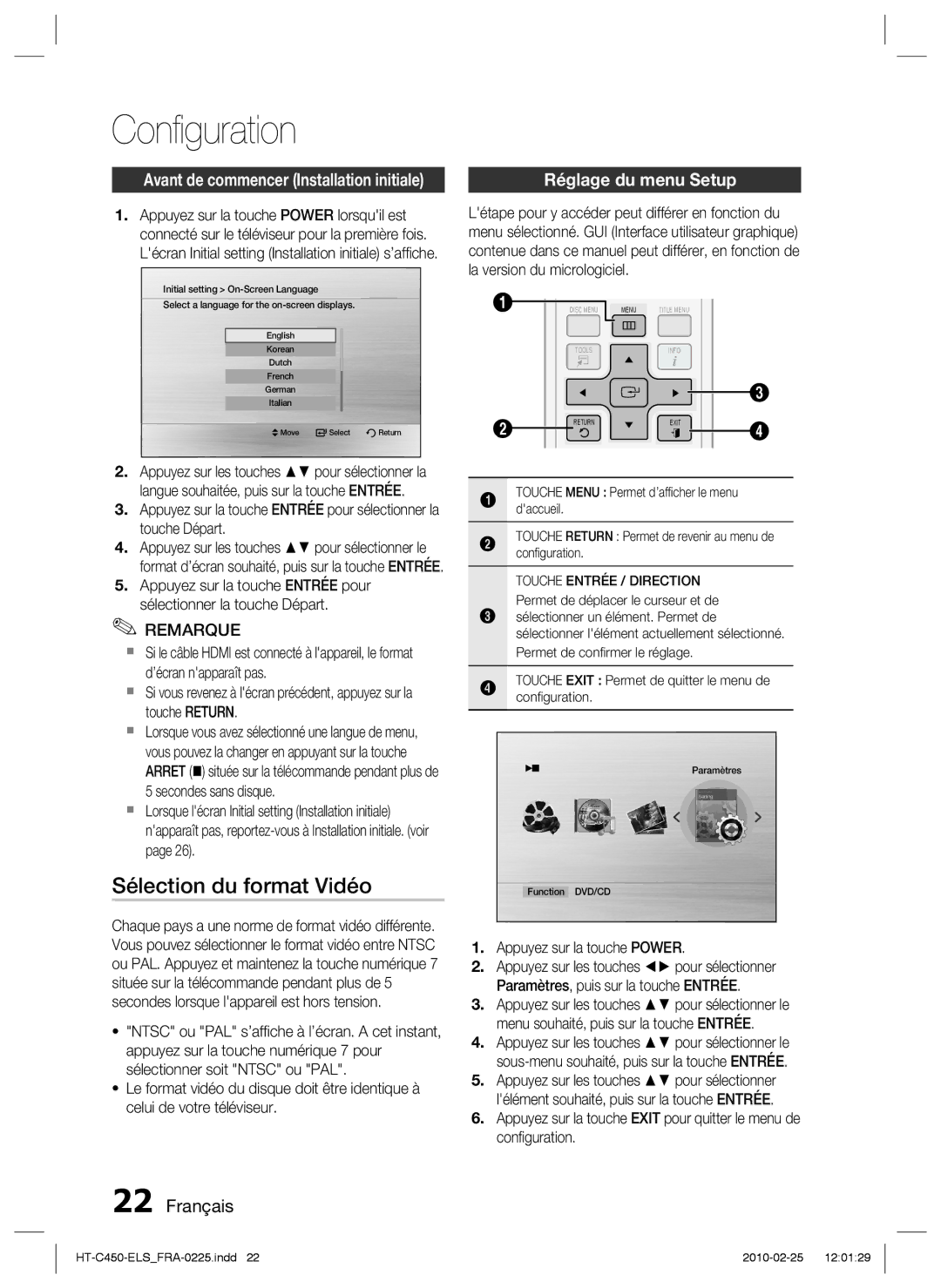 Samsung HT-C450/EDC manual Conﬁguration, Sélection du format Vidéo, Réglage du menu Setup, Appuyez sur la touche Power 