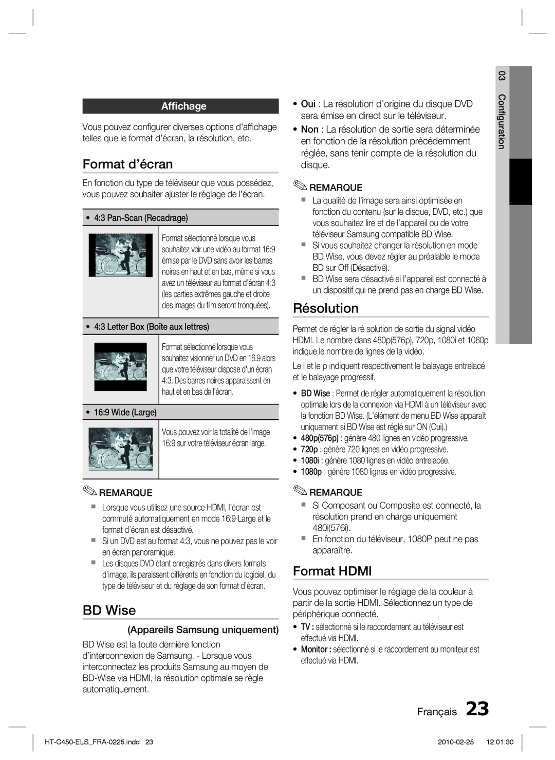 Samsung HT-C450/XEF, HT-C453/XEF, HT-C450/EDC manual Format d’écran, BD Wise, Résolution, Format Hdmi, Afﬁchage 