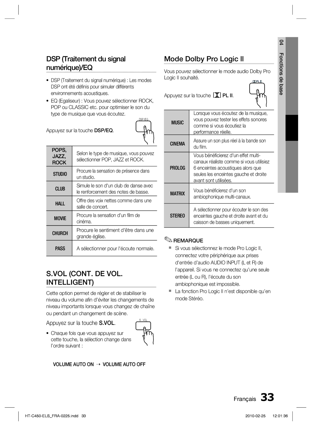 Samsung HT-C453/XEF manual DSP Traitement du signal numérique/EQ, Mode Dolby Pro Logic ll, Appuyez sur la touche S.VOL 