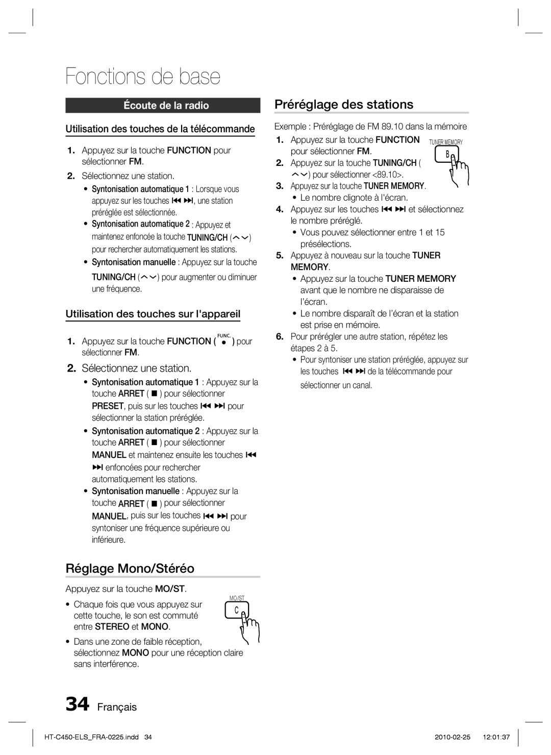 Samsung HT-C450/EDC manual Réglage Mono/Stéréo, Préréglage des stations, Sélectionnez une station, Écoute de la radio 