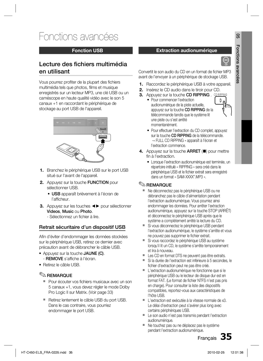 Samsung HT-C450/XEF Lecture des ﬁchiers multimédia en utilisant, Fonction USB, Retrait sécuritaire d’un dispositif USB 