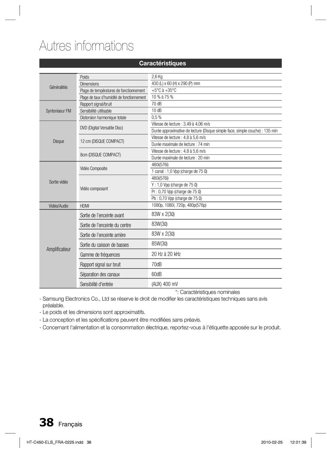 Samsung HT-C450/XEF Caractéristiques, Sortie de l’enceinte avant 83W x 23Ω, 83W3Ω, Sortie de l’enceinte arrière 83W x 23Ω 