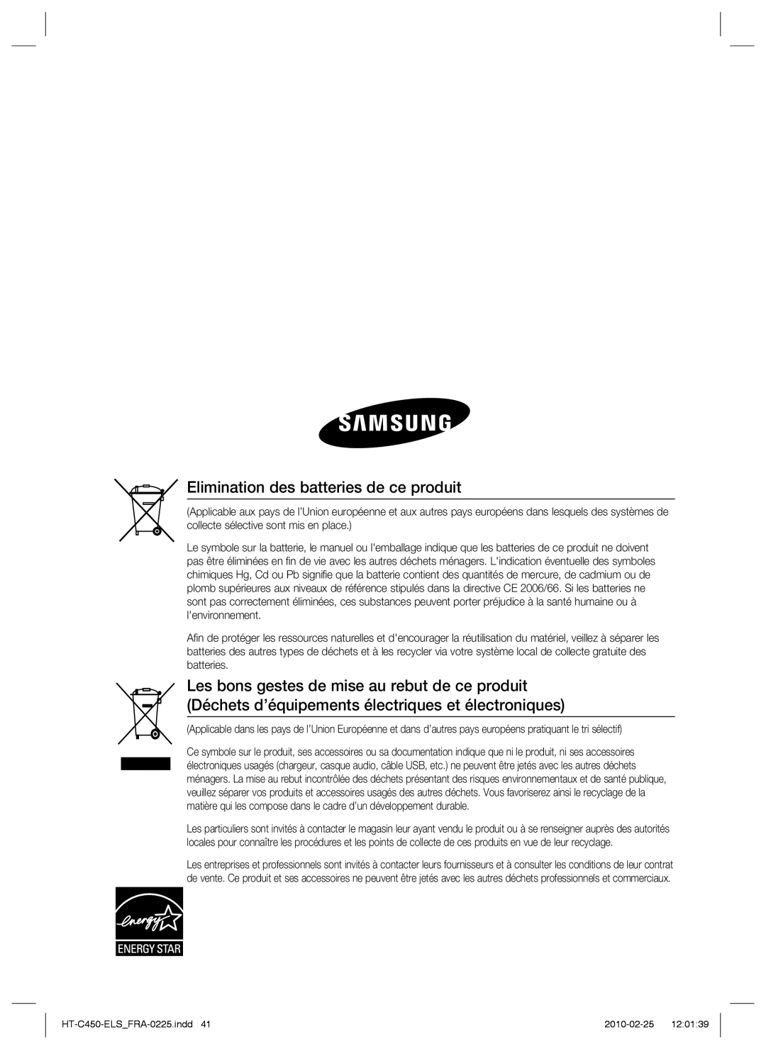 Samsung HT-C450/XEF, HT-C453/XEF, HT-C450/EDC manual Elimination des batteries de ce produit 