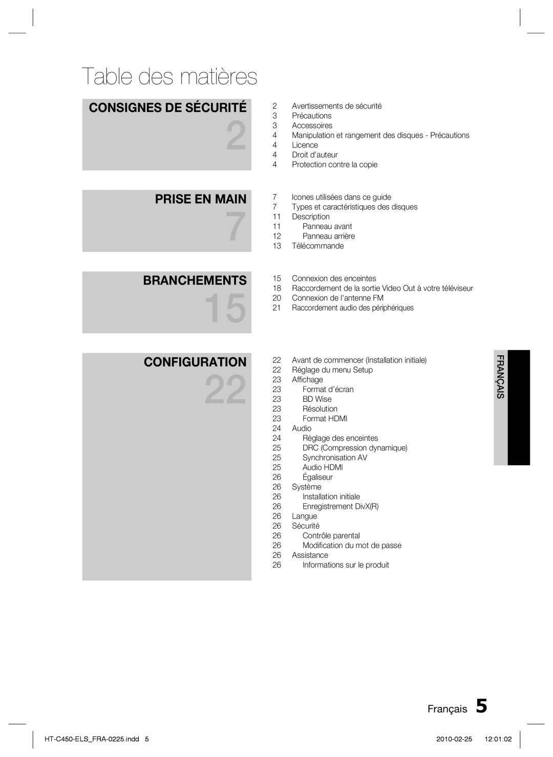 Samsung HT-C450/XEF, HT-C453/XEF, HT-C450/EDC manual Table des matières, Consignes DE Sécurité 