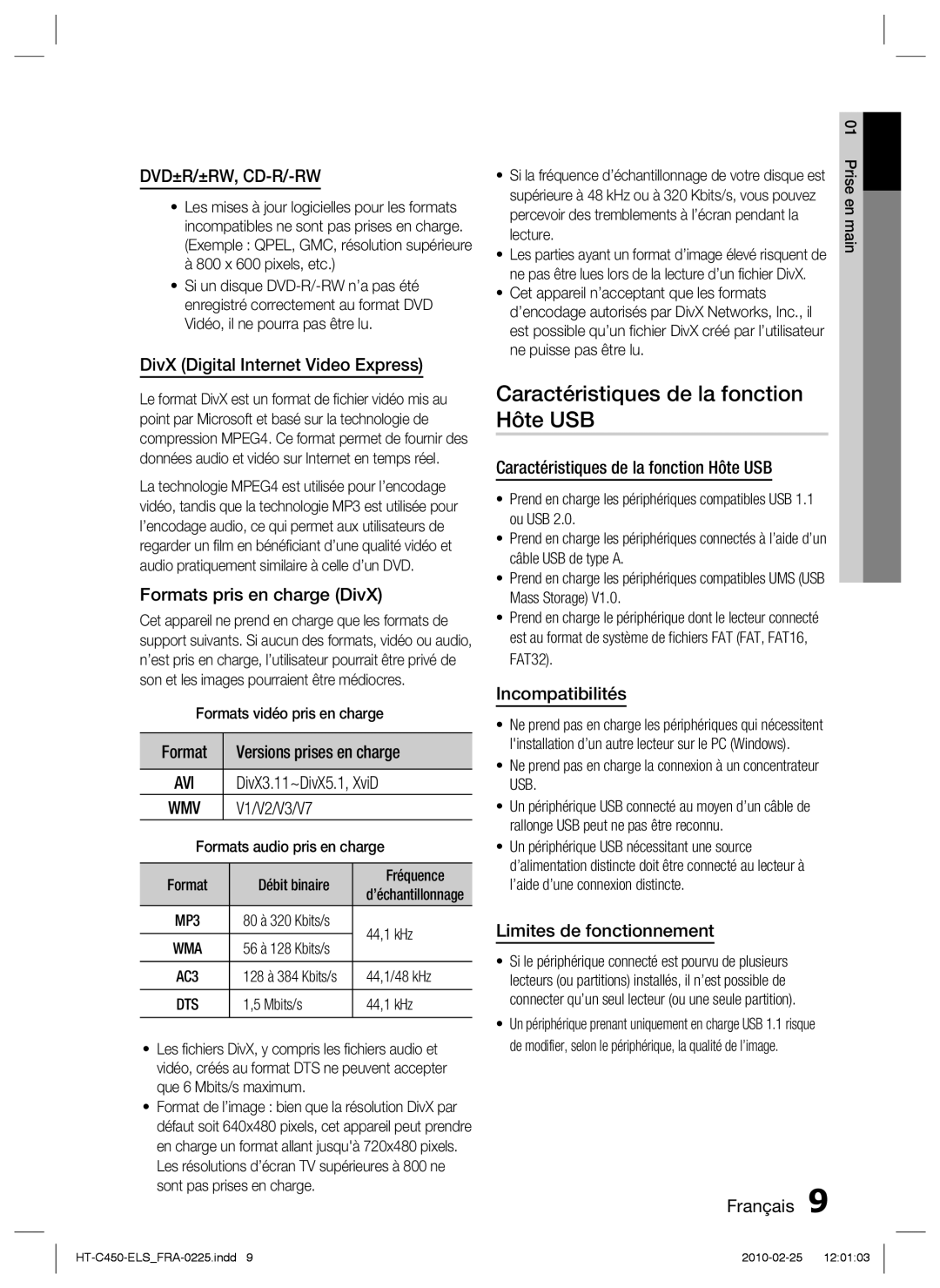 Samsung HT-C453/XEF, HT-C450/EDC, HT-C450/XEF manual Caractéristiques de la fonction Hôte USB 