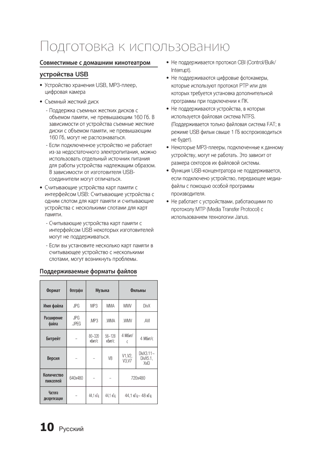 Samsung HT-C453/XER, HT-C455/XER manual Совместимые с домашним кинотеатром Устройства USB, Поддерживаемые форматы файлов 