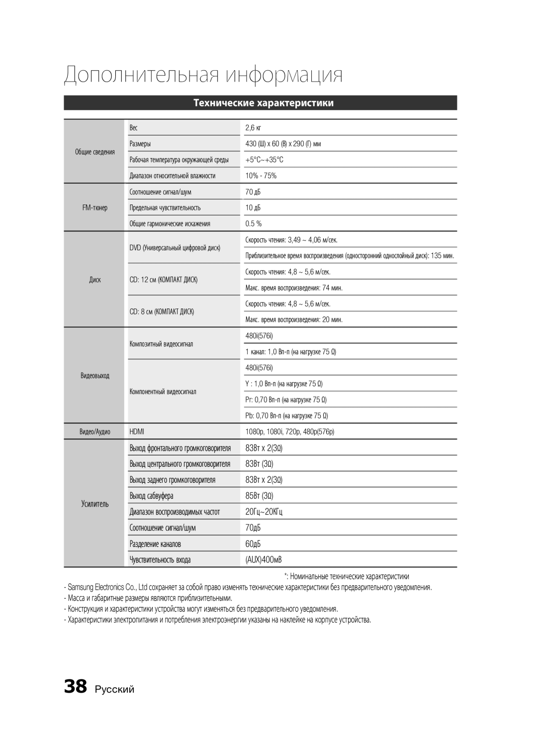 Samsung HT-C453/XER, HT-C455/XER manual Технические характеристики 