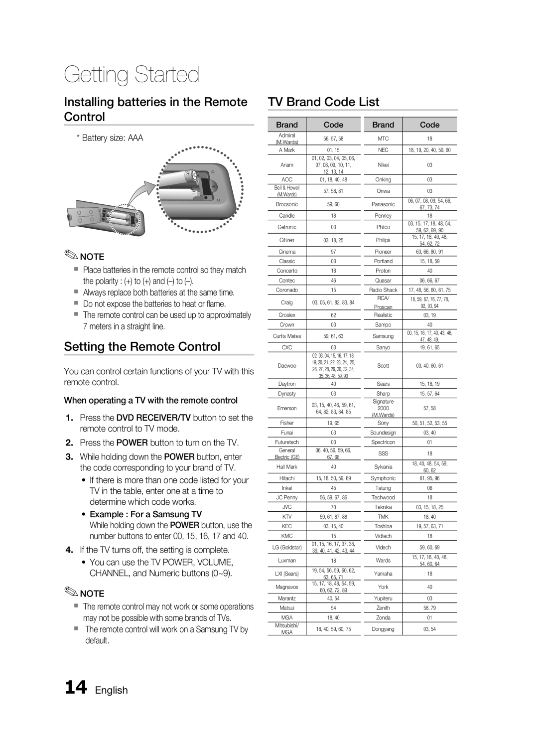 Samsung HT-C453/XER manual Setting the Remote Control, Battery size AAA, If the TV turns off, the setting is complete 