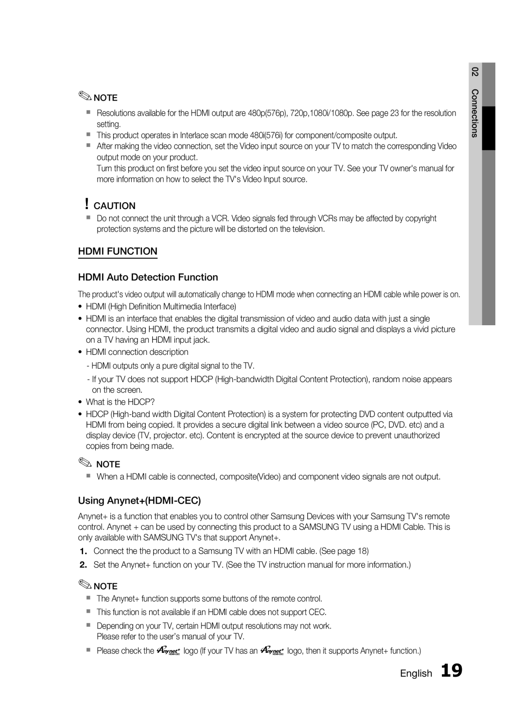 Samsung HT-C455/XER, HT-C453/XER manual Hdmi Auto Detection Function, Using Anynet+HDMI-CEC 