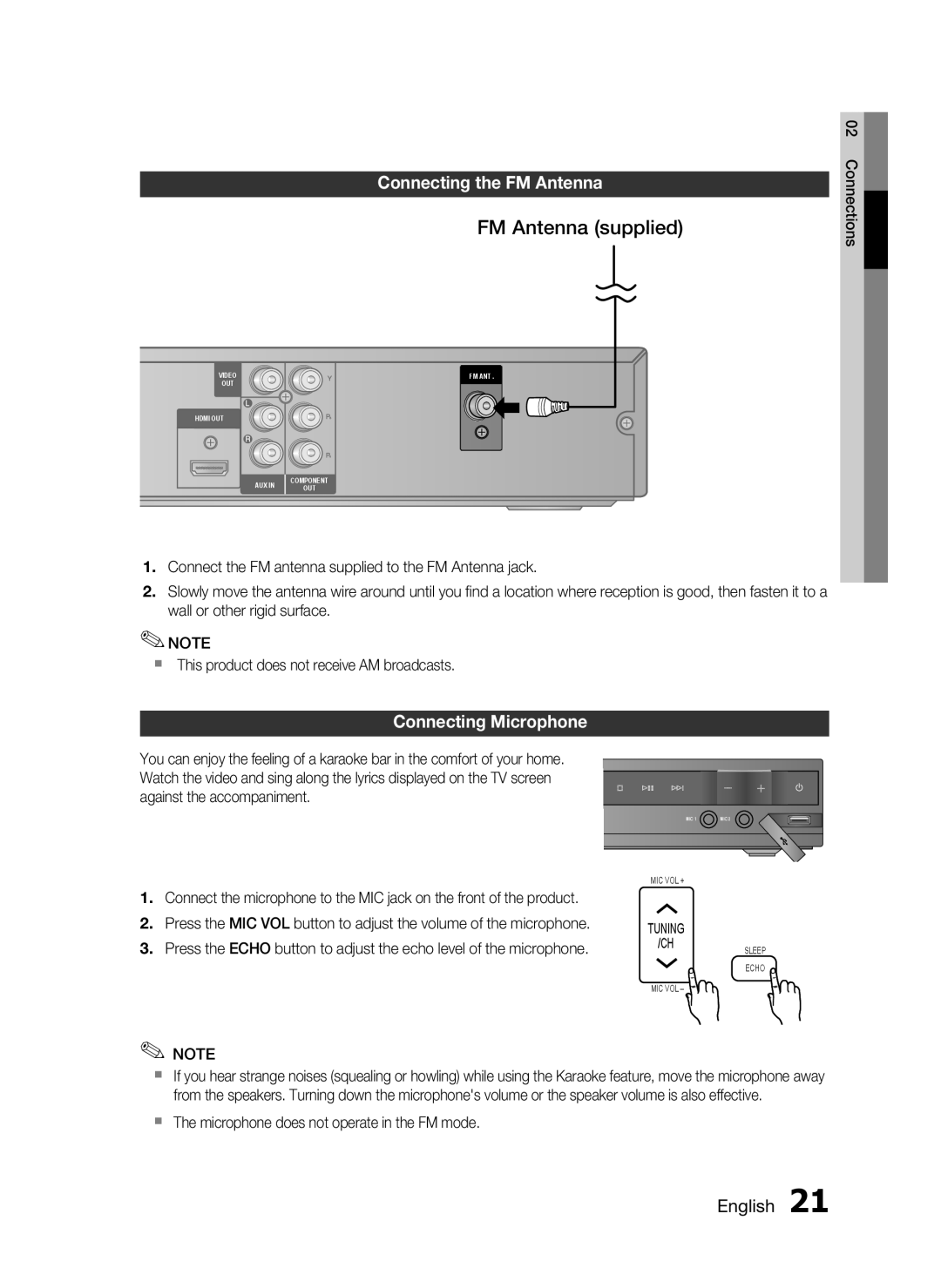 Samsung HT-C455/XER, HT-C453/XER manual FM Antenna supplied, Connecting the FM Antenna, Connecting Microphone 