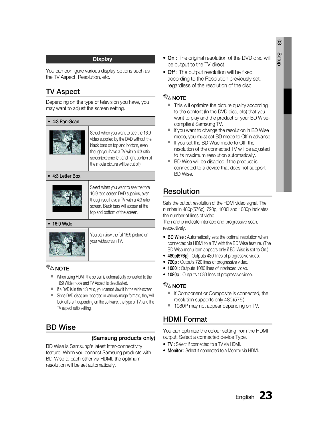 Samsung HT-C455/XER, HT-C453/XER manual TV Aspect, Resolution, BD Wise, Hdmi Format, Display 