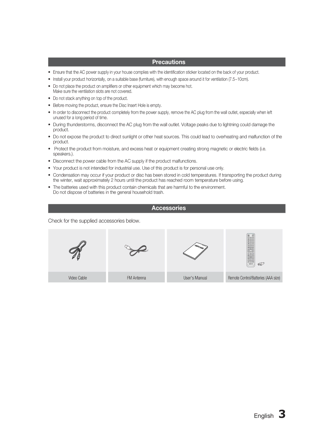 Samsung HT-C455/XER, HT-C453/XER manual Precautions, Accessories, Check for the supplied accessories below 