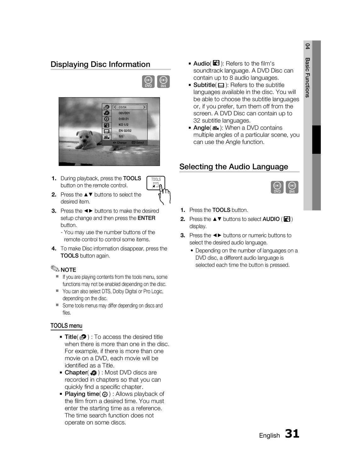 Samsung HT-C455/XER, HT-C453/XER manual Displaying Disc Information, Selecting the Audio Language, Tools menu 