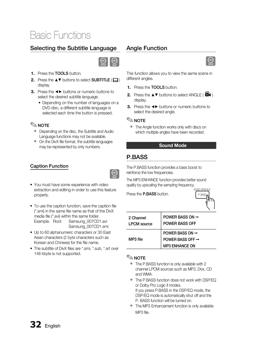 Samsung HT-C453/XER, HT-C455/XER manual Selecting the Subtitle Language, Angle Function, Sound Mode, Caption Function 