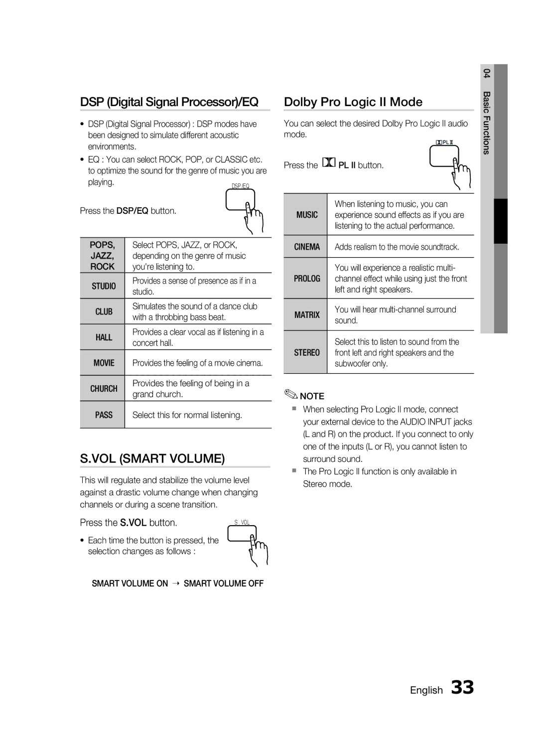 Samsung HT-C455/XER, HT-C453/XER DSP Digital Signal Processor/EQ, Dolby Pro Logic II Mode, Press the S.VOL button.S . VOL 