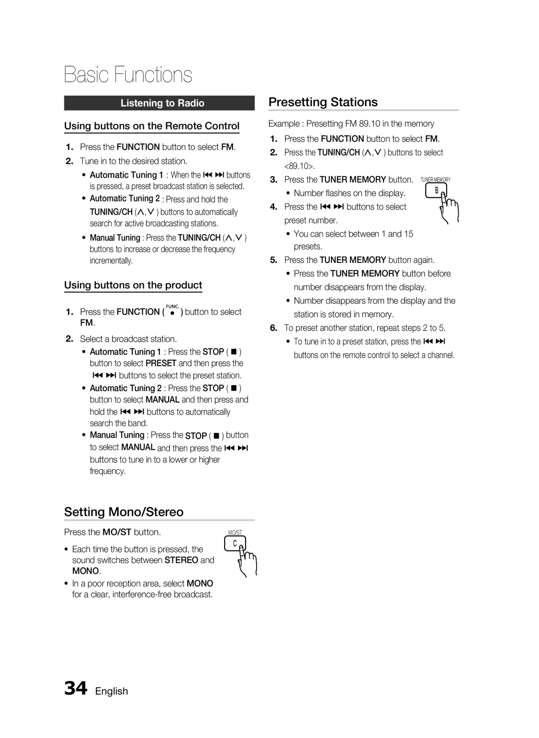 Samsung HT-C453/XER Setting Mono/Stereo, Presetting Stations, Listening to Radio, Using buttons on the Remote Control 