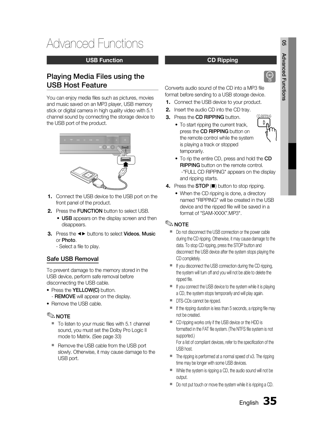 Samsung HT-C455/XER manual Playing Media Files using the USB Host Feature, USB Function, Safe USB Removal, CD Ripping 