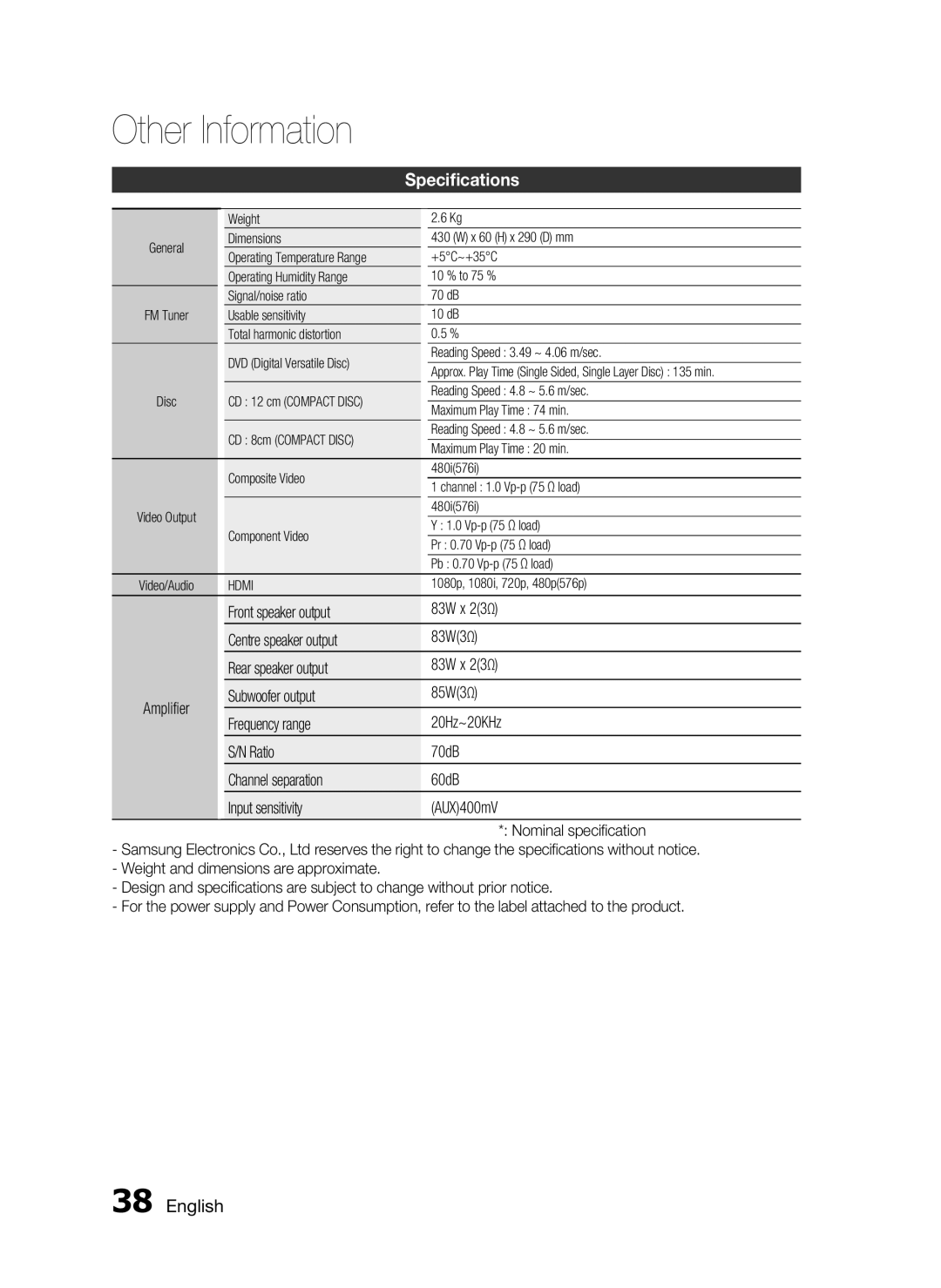 Samsung HT-C453/XER, HT-C455/XER manual Speciﬁcations 