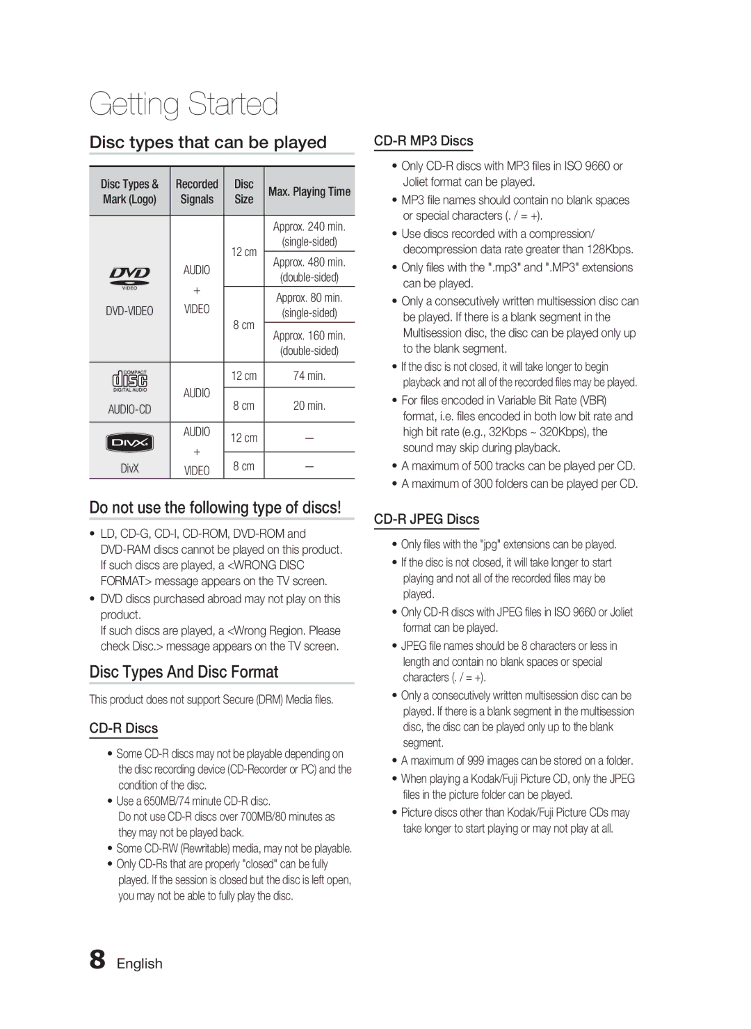 Samsung HT-C453/XER Disc types that can be played, Disc Types And Disc Format, CD-R Discs, CD-R MP3 Discs, CD-R Jpeg Discs 