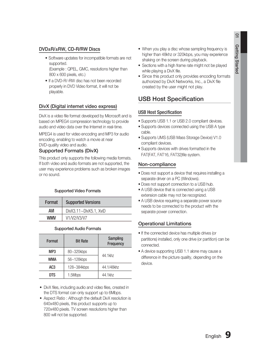 Samsung HT-C455/XER, HT-C453/XER manual USB Host Speciﬁcation 