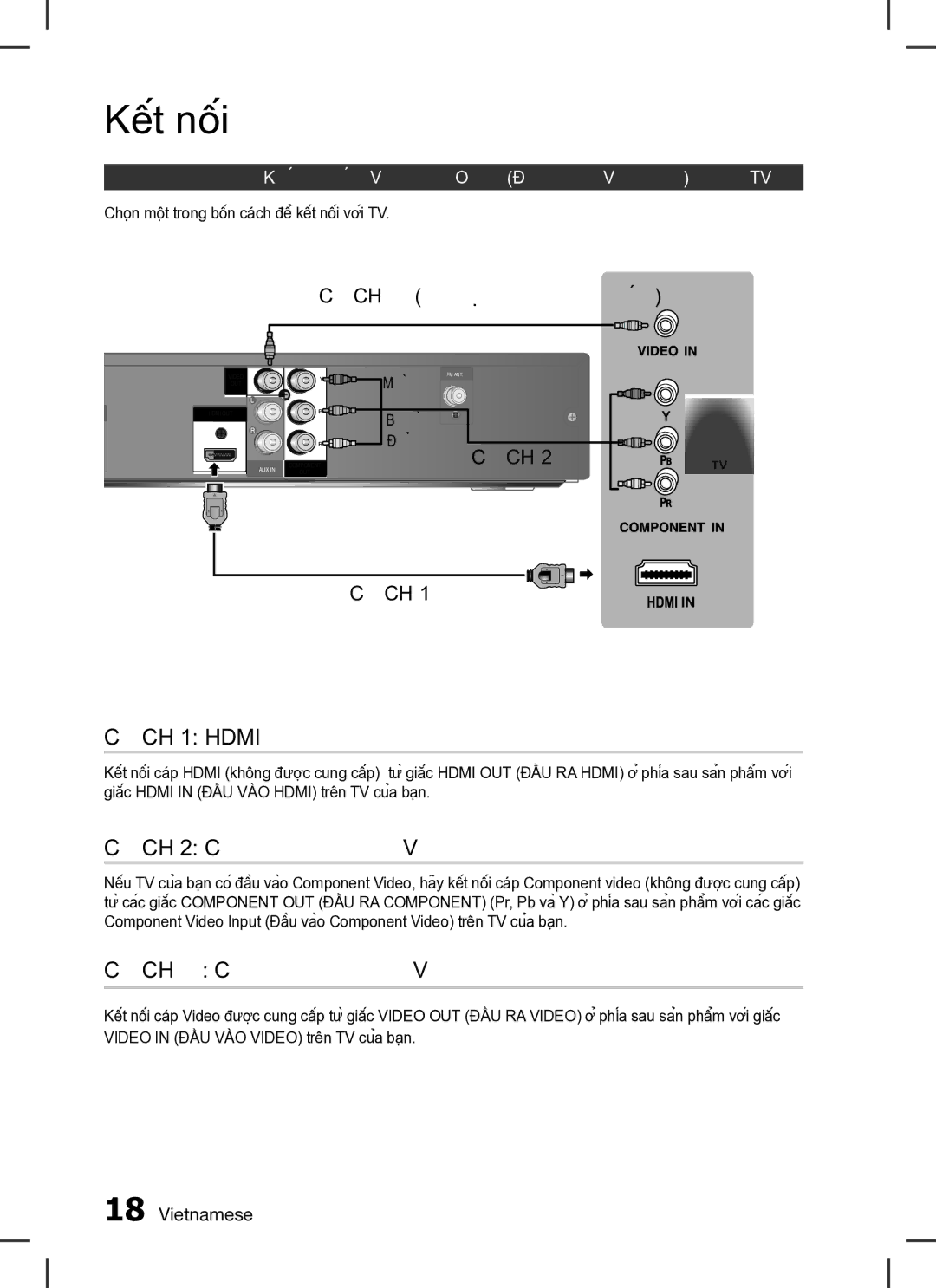 Samsung HT-C453/XSS, HT-C455/XSS, HT-C453/XCH manual Cách 1 HDMi, Cách 2 Component Video, Cách 3 Composite Video 