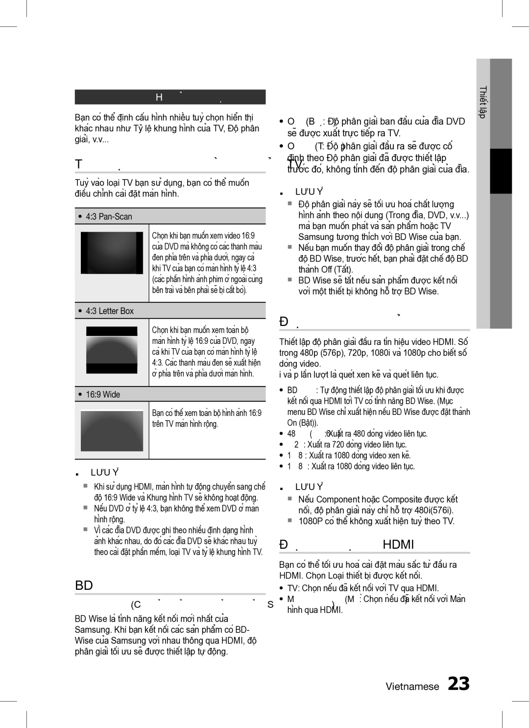 Samsung HT-C453/XCH, HT-C453/XSS manual Tỷ lệ khung hình của TV, Độ phân giải, Định dạng Hdmi, BD Wise, Hiển thị 