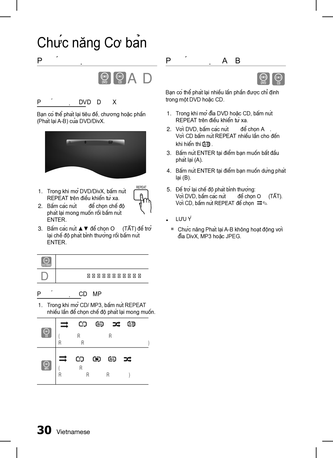 Samsung HT-C453/XSS, HT-C455/XSS, HT-C453/XCH manual Phát lạiPhát lại A-B, Phát lại DVD/DivX, Phát lại CD/MP3 