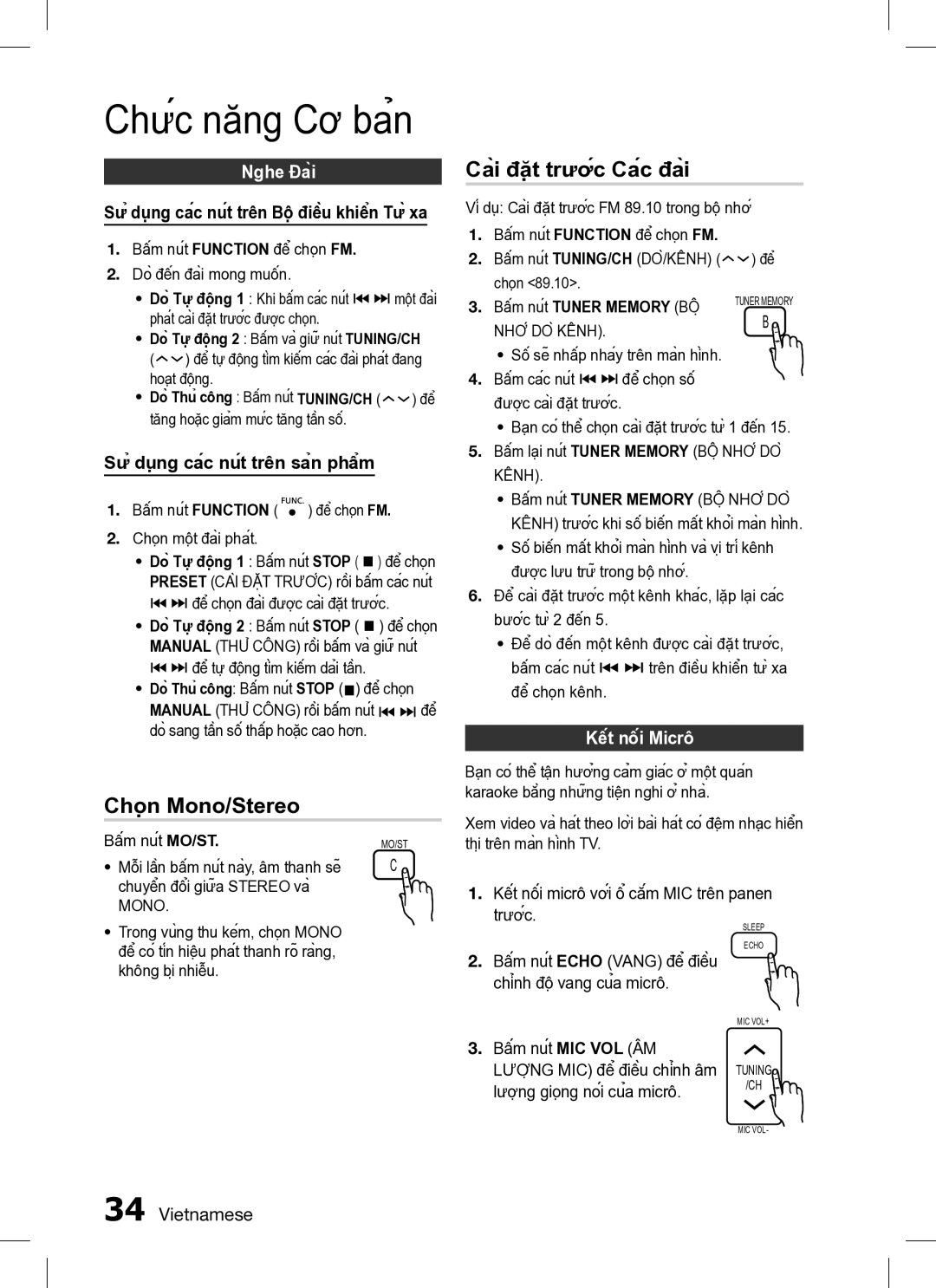 Samsung HT-C455/XSS, HT-C453/XSS manual Chọn Mono/Stereo, Nghe Đài, Sử dụng các nút trên sản phẩm, Kết nối Micrô 