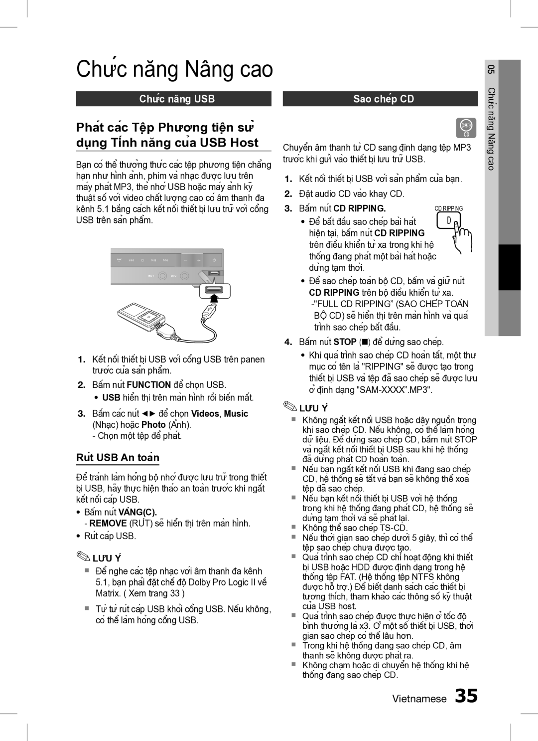 Samsung HT-C453/XCH, HT-C453/XSS, HT-C455/XSS Chức năng Nâng cao, Chức năng USB Sao chép CD, Rút USB An toàn, Lưu Y ́ 