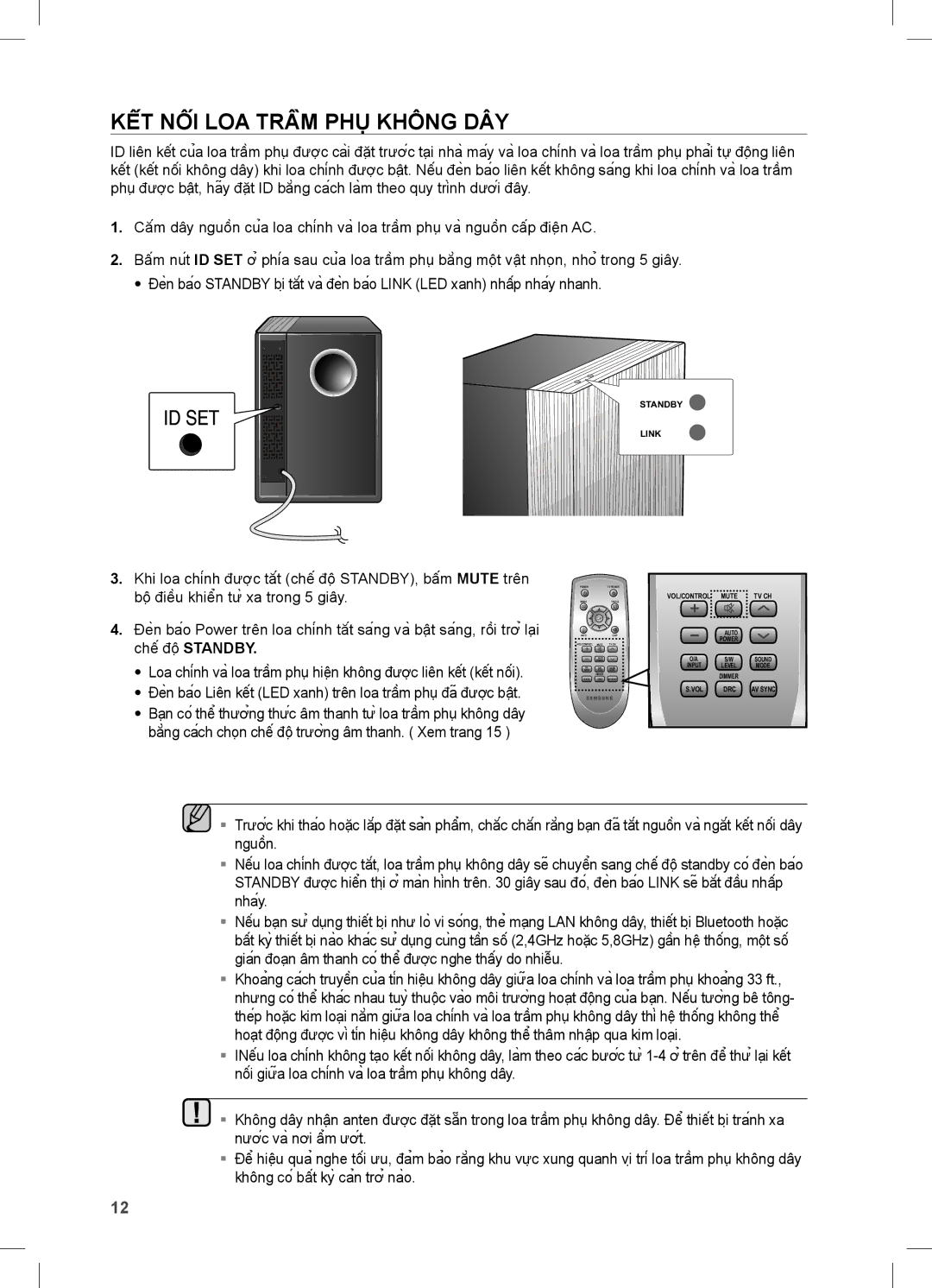 Samsung HT-C453/XSS, HW-C450/XSS, HT-C453/XCH manual KẾT NỐI LOA TRẦM PHỤ Không DÂY, Chế độSTANDBY 