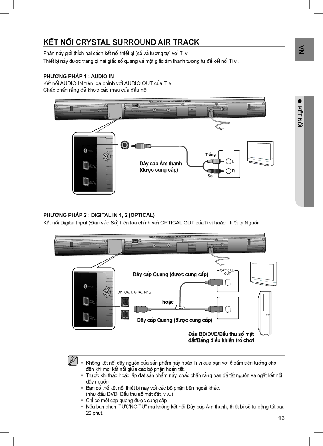 Samsung HW-C450/XSS manual KẾT NỐI Crystal Surround AIR Track, Phương Pháp 1 Audio, Phương Pháp 2 Digital in 1, 2 Optical 