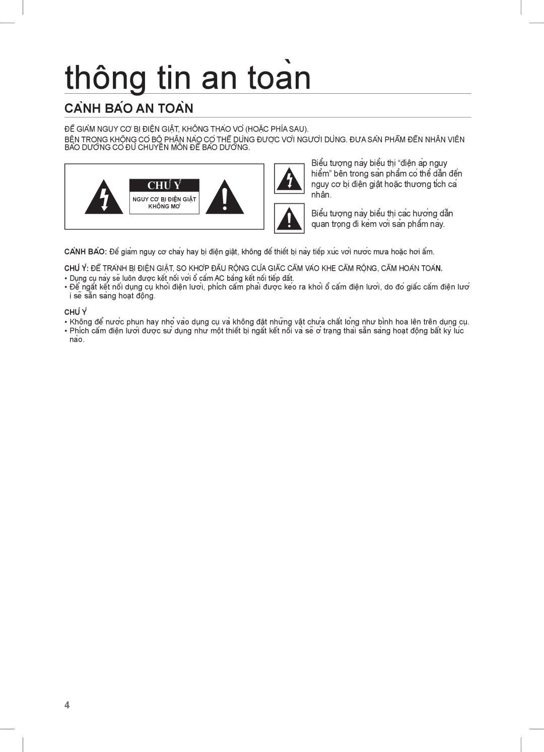 Samsung HW-C450/XSS, HT-C453/XSS, HT-C453/XCH manual Thông tin an toàn, Cảnh Báo An Toàn 