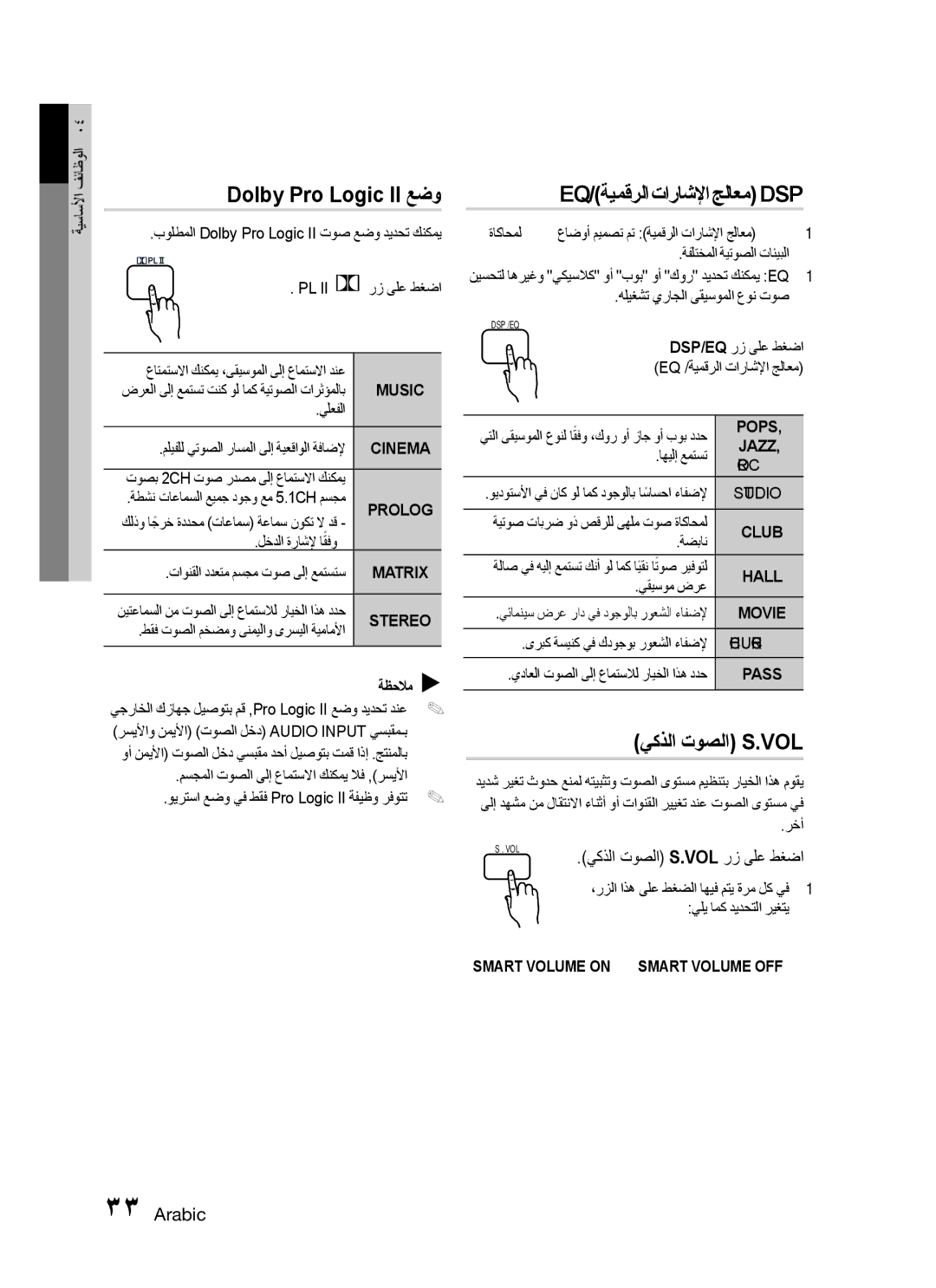 Samsung HT-C445N/HAC, HT-C455/MEA, HT-C453N/MEA Dolby Pro Logic II عضو, Eq/ةيمقرلا تاراشلإا جلاعم Dsp, يكذلا توصلا S.Vol 