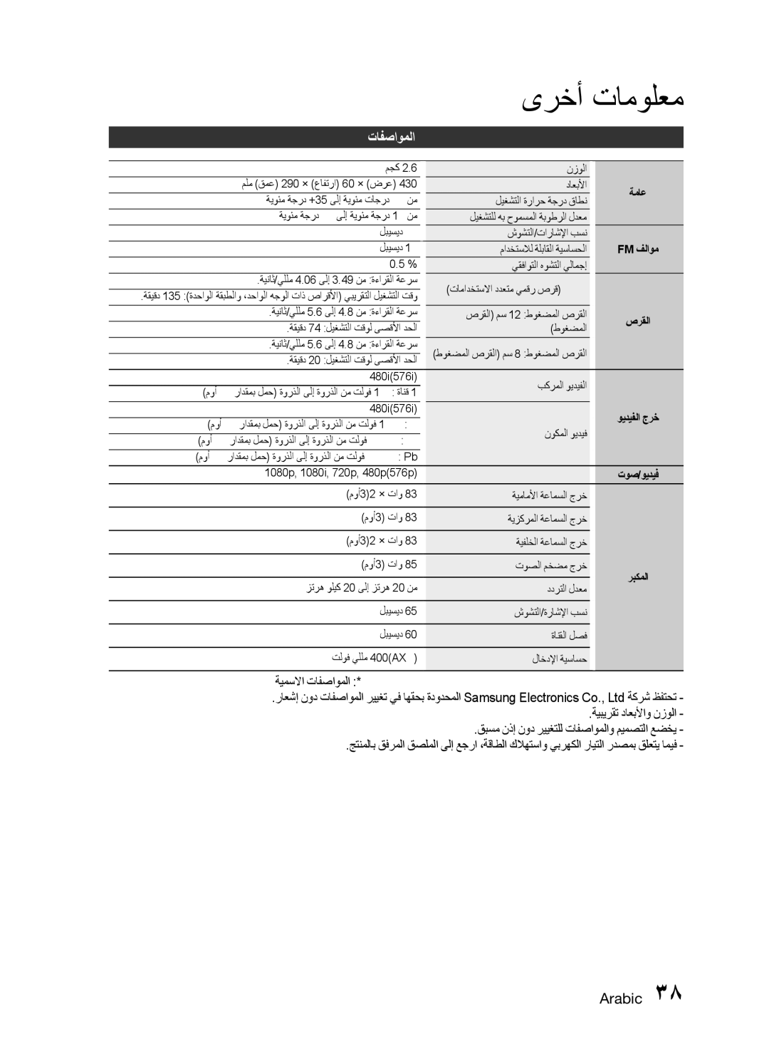 Samsung HT-C455/KE, HT-C455/MEA, HT-C453N/MEA, HT-C455N/MEA, HT-C445N/MEA manual ةيمسلاا تافصاوملا, ةيبيرقت داعبلأاو نزولا 