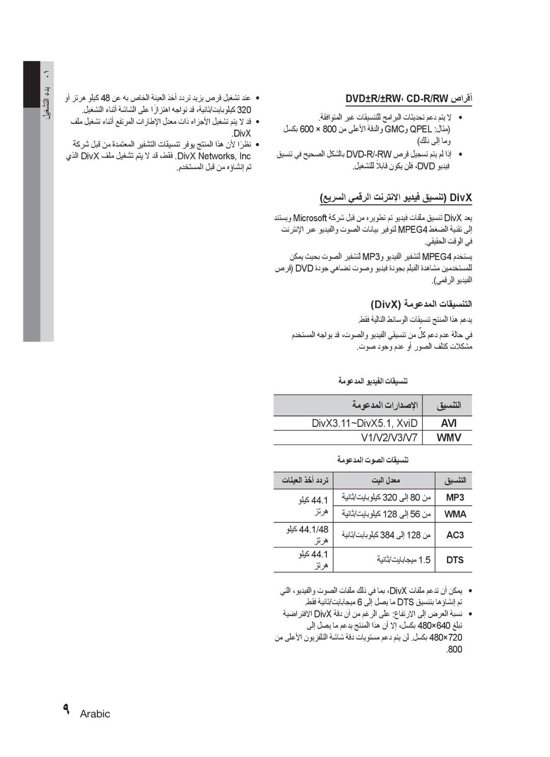 Samsung HT-C455N/UMG, HT-C455/MEA Dvd±R/±Rw، Cd-R/Rw صارقأ, DivX ةموعدملا تاقيسنتلا, DivX3.11~DivX5.1, XviD, V1/V2/V3/V7 