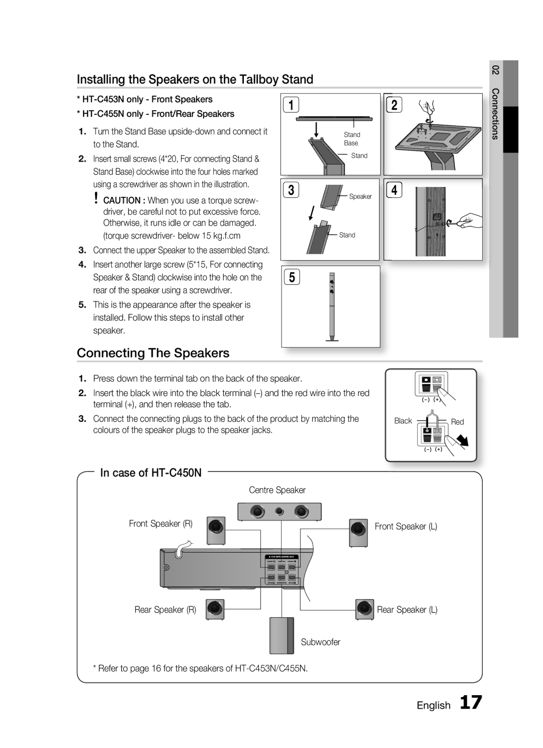 Samsung HT-C450N/KE Installing the Speakers on the Tallboy Stand, Connecting The Speakers, Case of HT-C450N, English 1 