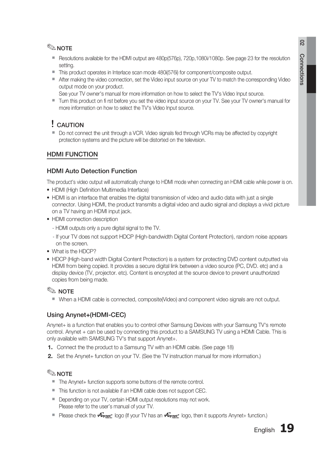 Samsung HT-C455N/AFR, HT-C455/MEA, HT-C453N/MEA, HT-C455N/MEA, HT-C455/KE Hdmi Auto Detection Function, Using Anynet+HDMI-CEC 