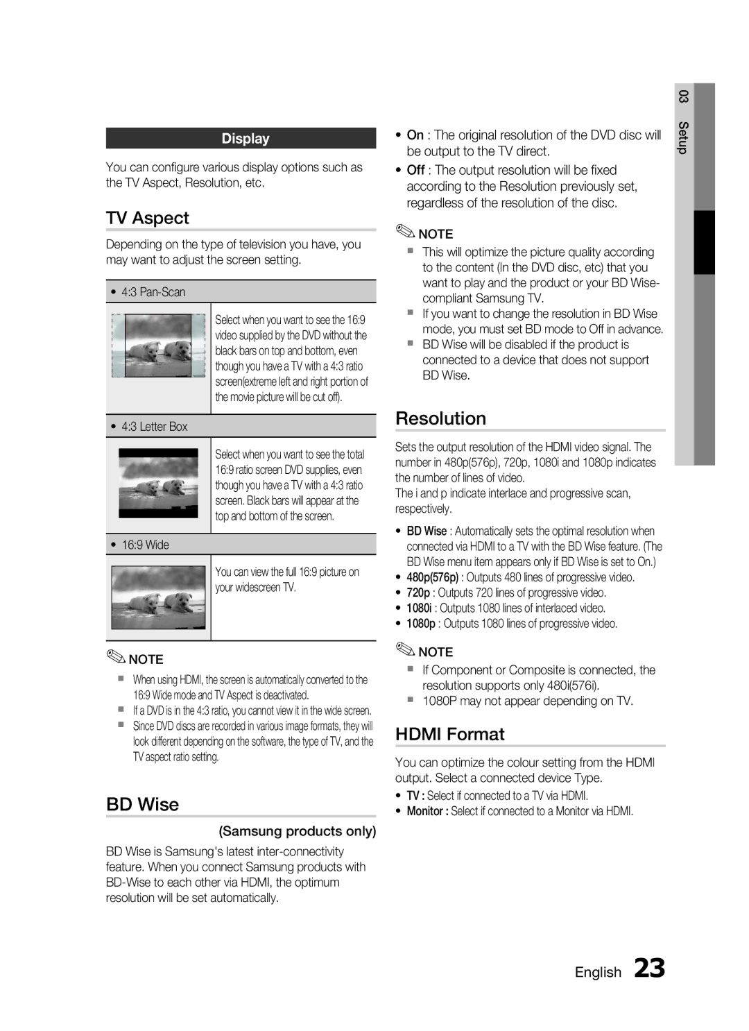 Samsung HT-C450N/SAM, HT-C455/MEA, HT-C453N/MEA, HT-C455N/MEA manual TV Aspect, BD Wise, Resolution, Hdmi Format, Display 