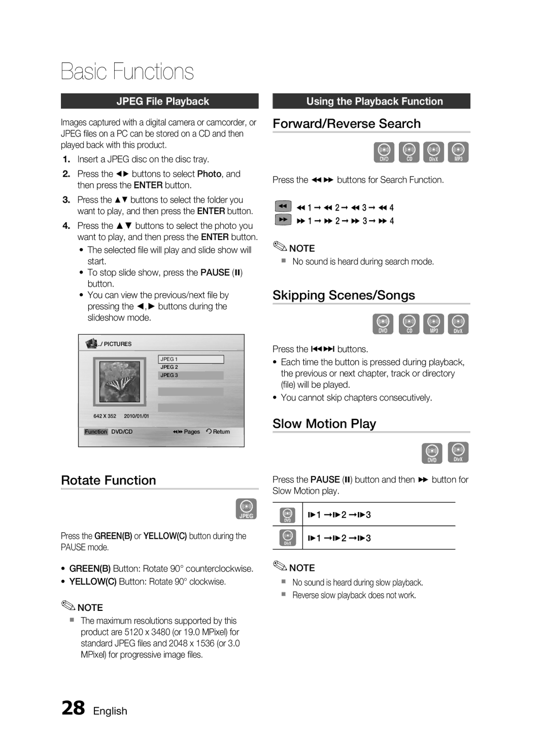 Samsung HT-C455N/MEA, HT-C455/MEA manual Rotate Function, Forward/Reverse Search, Skipping Scenes/Songs, Slow Motion Play 