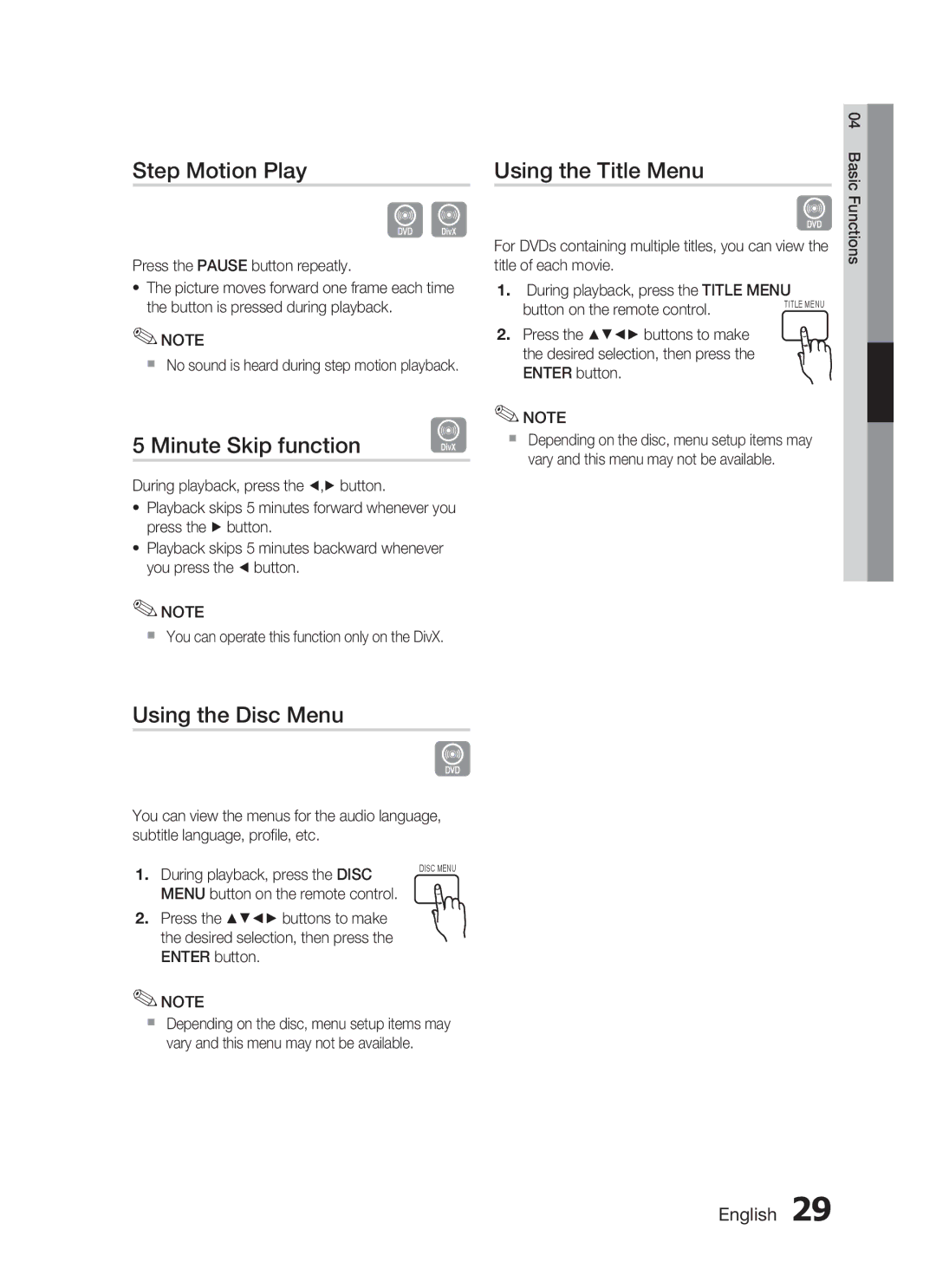 Samsung HT-C445N/MEA, HT-C455/MEA manual Step Motion Play, Minute Skip function, Using the Title Menu, Using the Disc Menu 