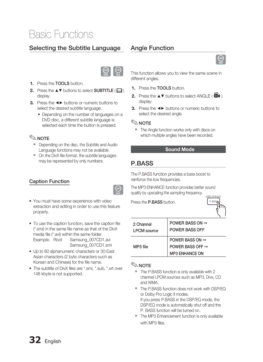 Samsung HT-C455/SAH, HT-C455/MEA, HT-C455/LAG Selecting the Subtitle Language, Angle Function, Caption Function, Sound Mode 