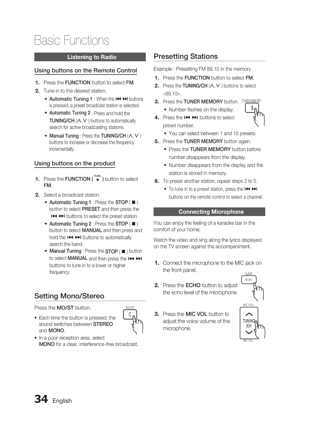 Samsung HT-C455N/HAC, HT-C455/MEA manual Presetting Stations, Setting Mono/Stereo, Listening to Radio, Connecting Microphone 