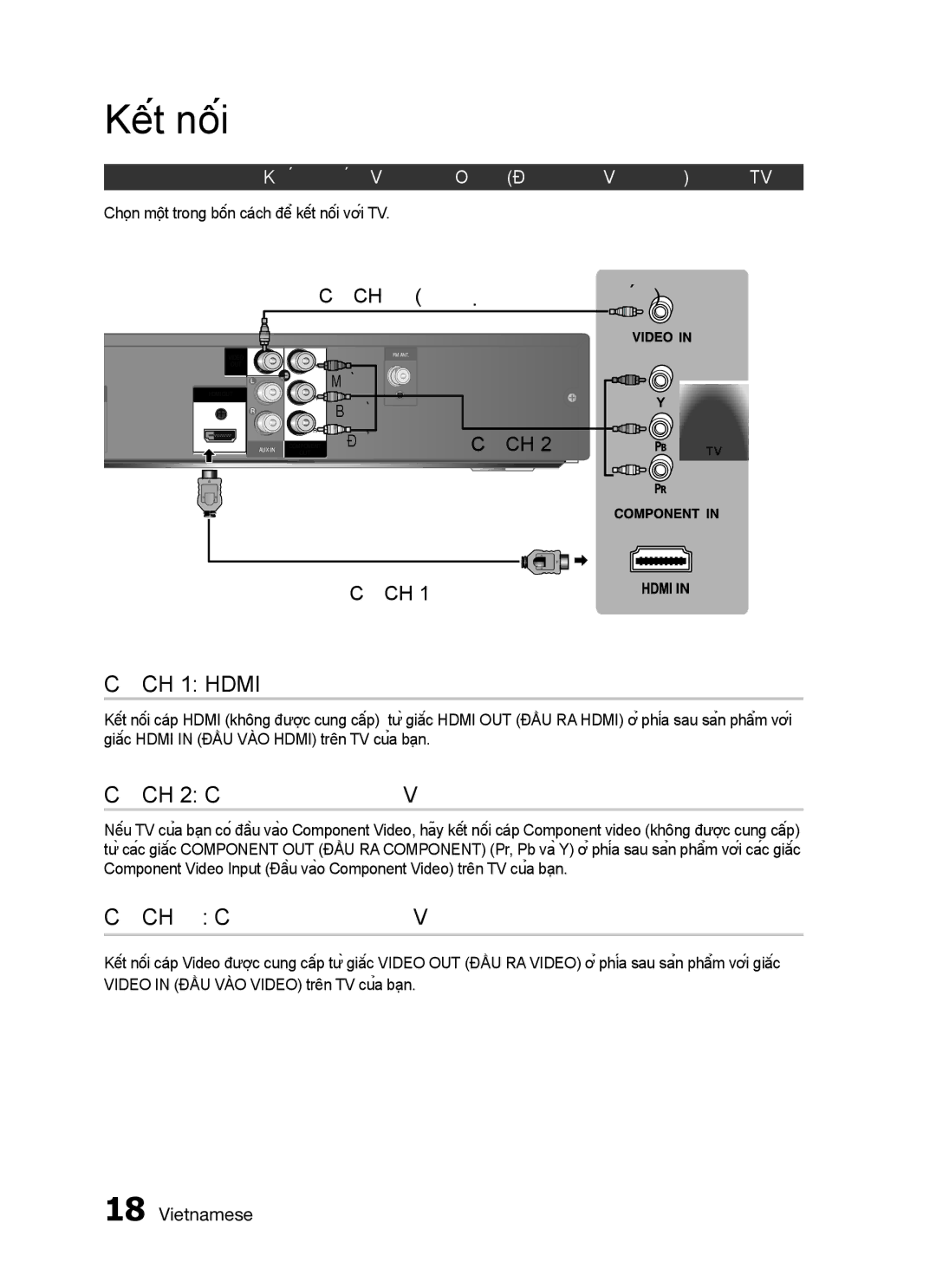 Samsung HT-C455/XSS, HT-C453N/XSS, HT-C455N/XSS manual Cách 1 HDMi, Cách 2 Component Video, Cách 3 Composite Video 