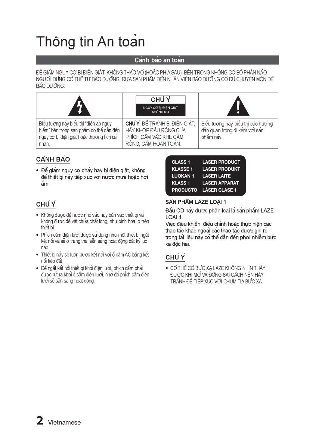 Samsung HT-C455N/XSS, HT-C455/XSS, HT-C453N/XSS manual Thông tin An toàn, Cảnh báo an toàn 