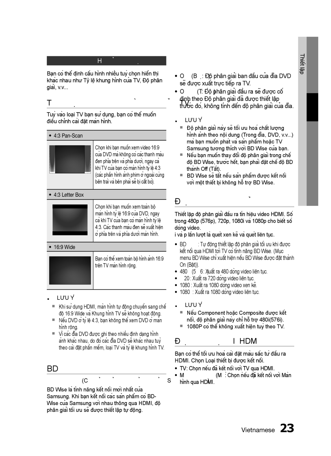 Samsung HT-C455N/XSS, HT-C455/XSS, HT-C453N/XSS manual Tỷ lệ khung hình của TV, Độ phân giải, BD Wise, Hiển thị 